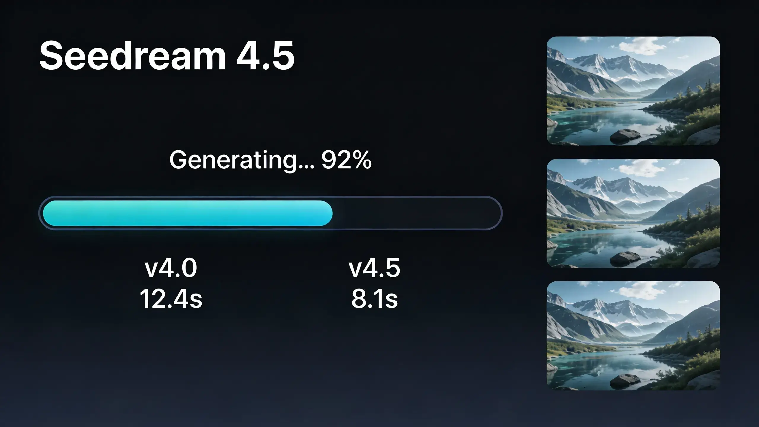 Seedream 4.5-grensesnitt som viser rask fremdriftslinje for bildegenerering