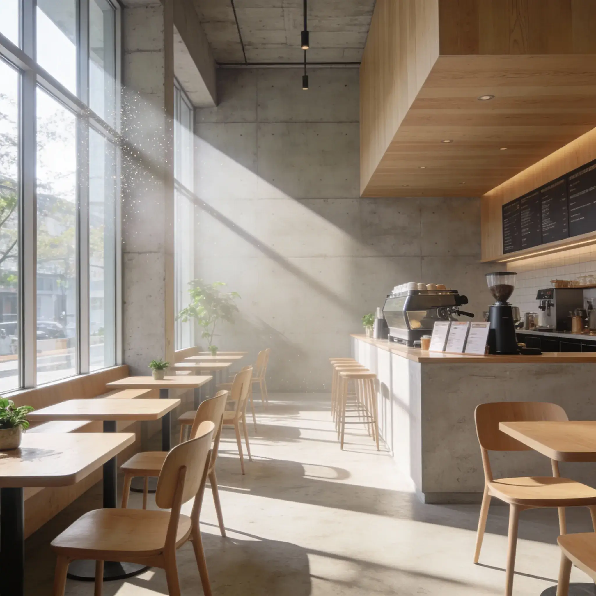 Seedream 4.5-generert fotorealistisk interiør av en moderne kafé med rene detaljer